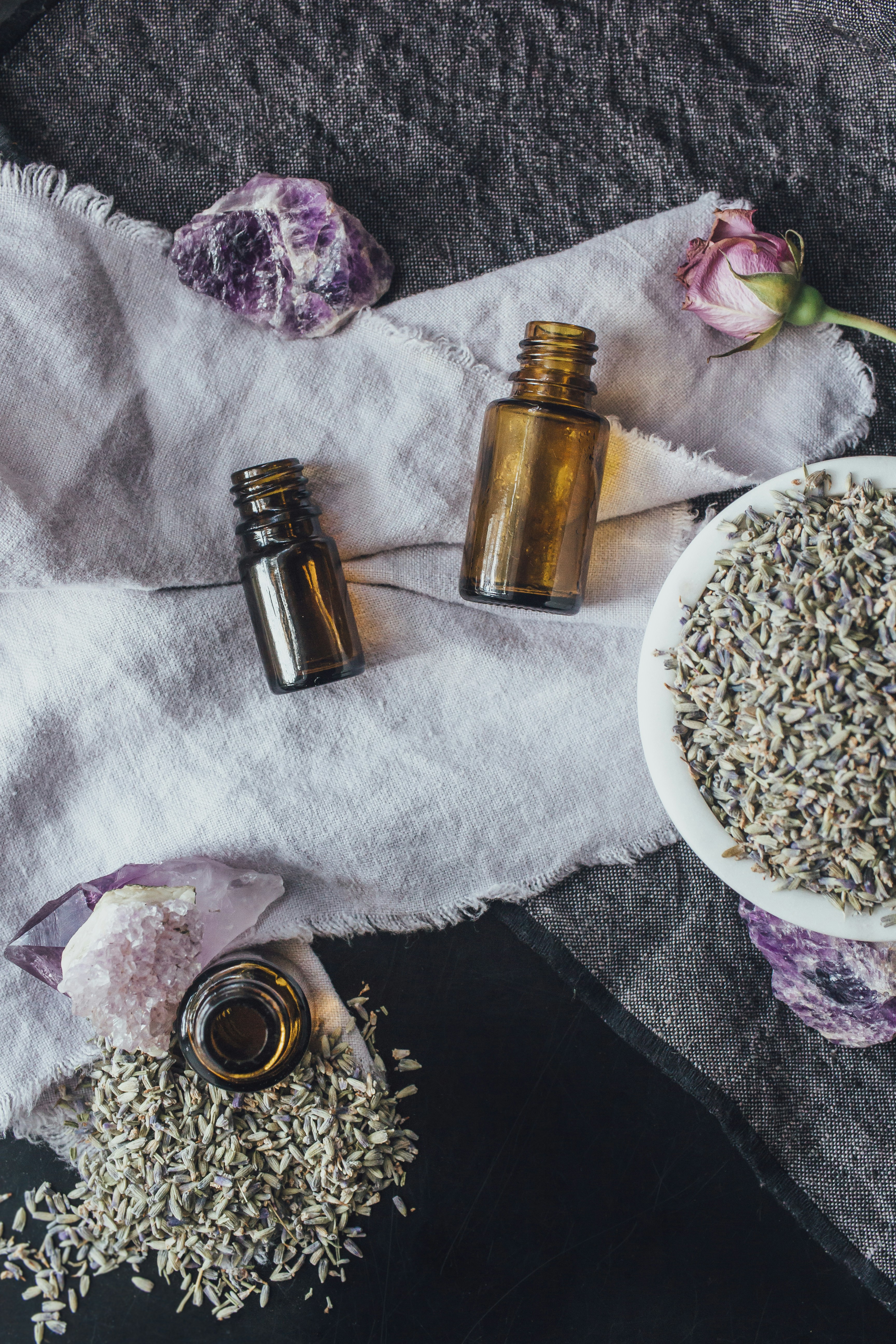 Botanical ingredients and essential oil bottles